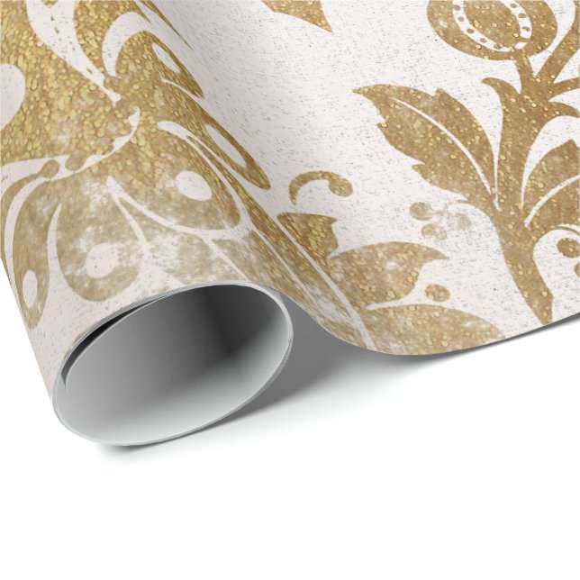 Papel De Presente Dourado Prado Branco Algodão Floral Grungy Damask (Ponta do rolo)