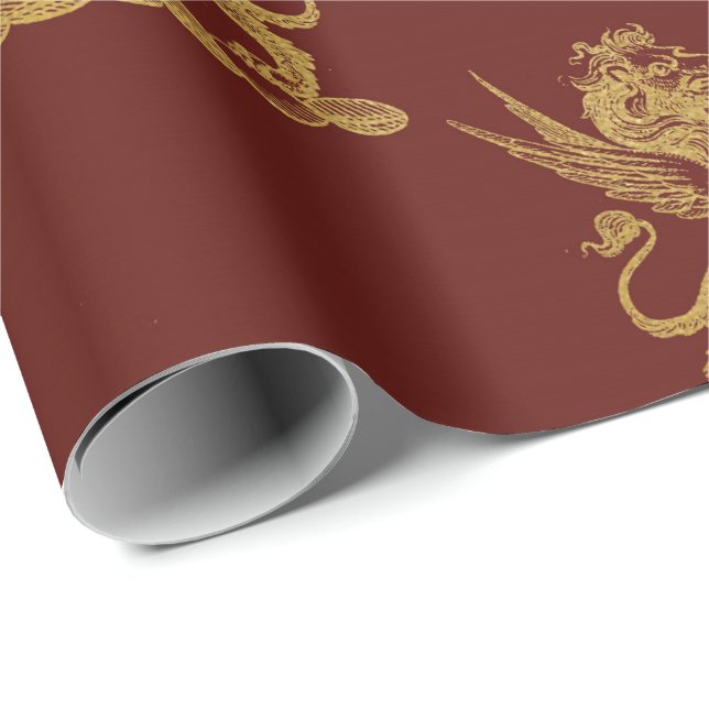 Papel De Presente Dourado Real Leões Justamente Rei Maroon Vermelho  (Ponta do rolo)