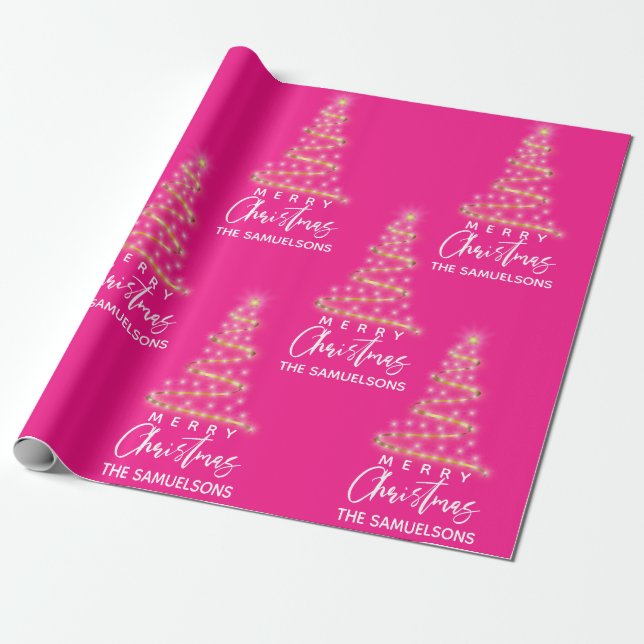 Papel De Presente Dourado Rosa de Árvore de Natal Personalizado (Desenrolado)
