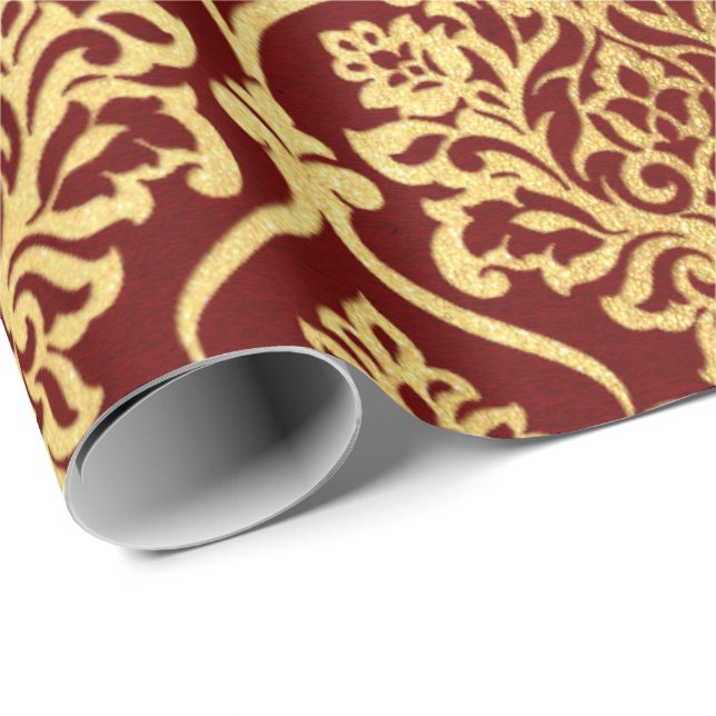 Papel De Presente Dourado Royal Damask Floral Maroon Burgundy Luxury (Ponta do rolo)