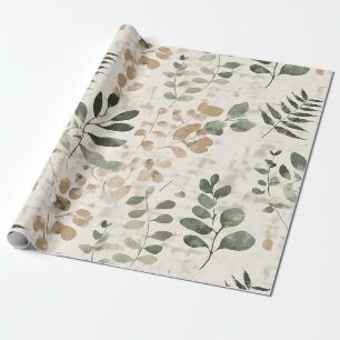 Papel De Presente Dourado Rústico e Folhas Verdes sobre Creme