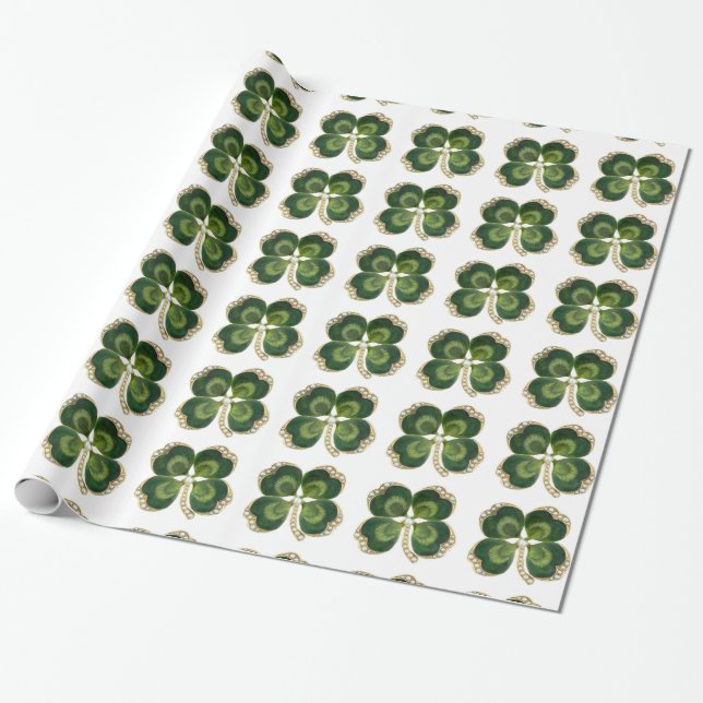 Papel De Presente Dourado Saint Patrick Shamrock Jewel com Pérolas (Desenrolado)
