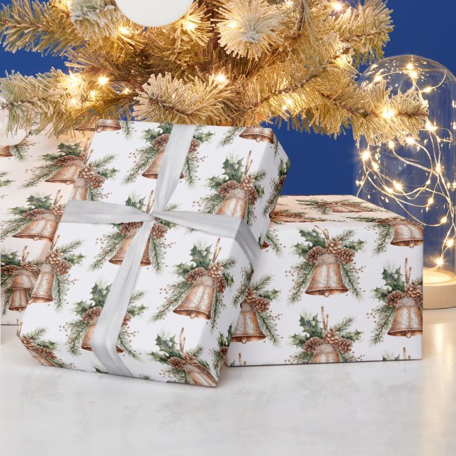 Papel De Presente Dourado Sino de Natal Branco de Bronze (Feriados)