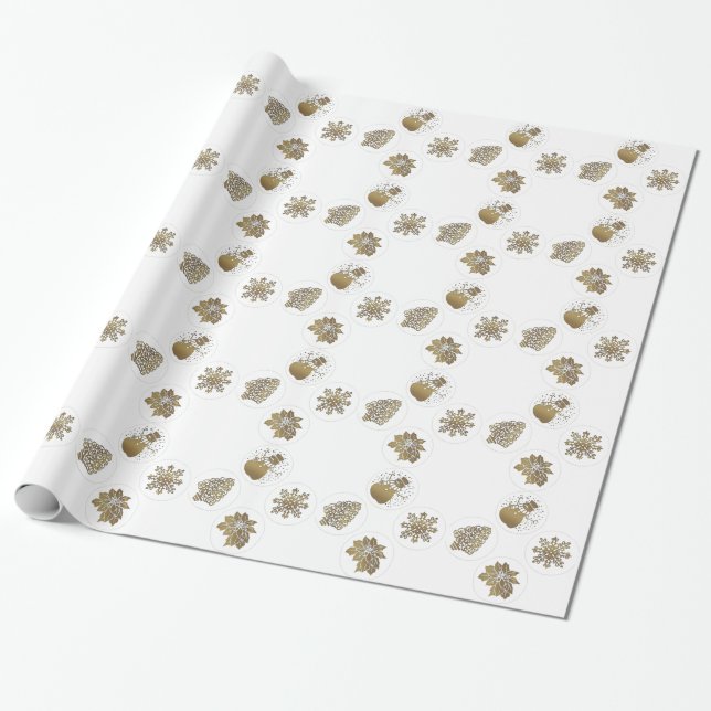 Papel De Presente Dourado Snowman, Snow Flake, Tree e Poinsetta (Desenrolado)