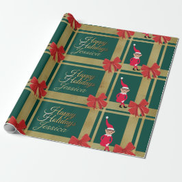 Papel De Presente Dourado Tartan Verde do Natal Moderno Personaliza
