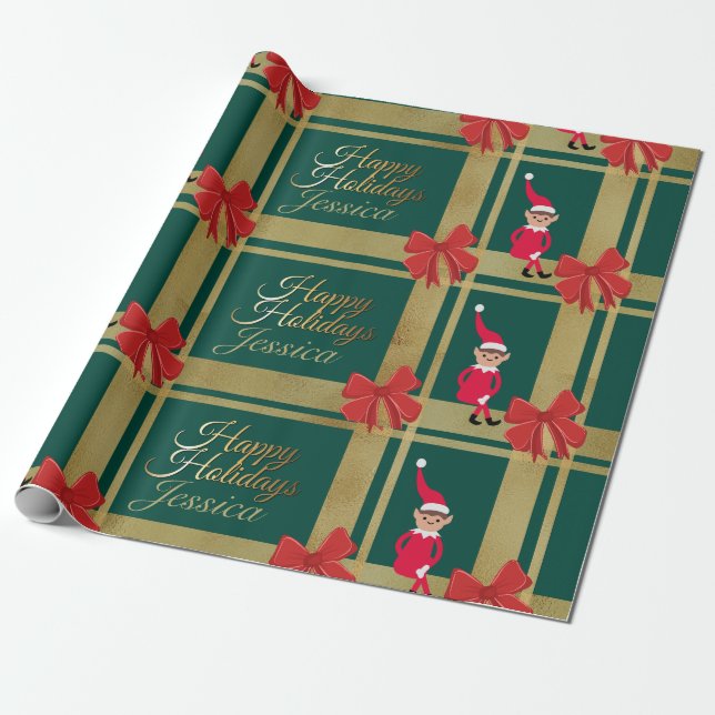 Papel De Presente Dourado Tartan Verde do Natal Moderno Personaliza (Desenrolado)