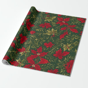 Papel De Presente Dourado Verde e vermelho Natal Holly Flower