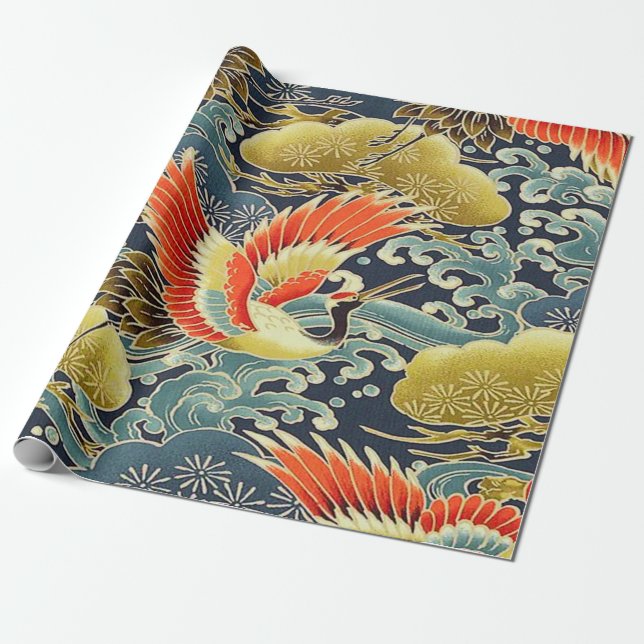 Papel De Presente Dourado Vermelho Azul Japonês Kimono Floral Decoup (Desenrolado)