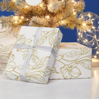 Papel De Presente Dourado Vintage Bege Marfim Floral Botânico