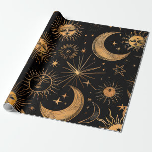 Papel De Presente Dourado Vintage Sol Celestial e Lua Preto