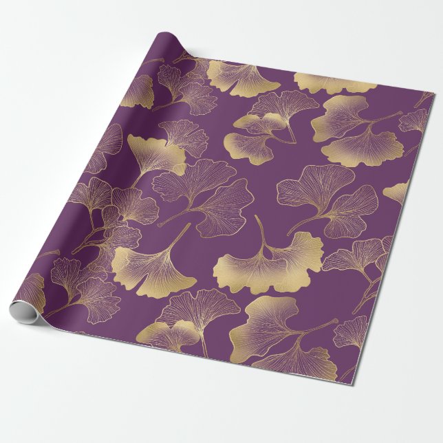 Papel De Presente Dourado Violeta Profundo Ginkgo Botânico (Desenrolado)