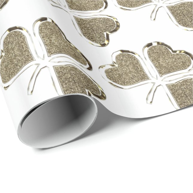 Papel De Presente Dourado White Shamrock Clover Pattern Irish Irelan (Ponta do rolo)