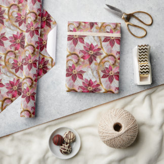 Papel De Presente Dourados Swirls Borgonha Rosa Poinsettias de Natal