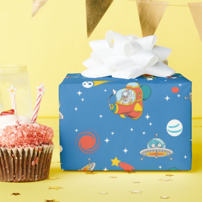 Papel De Presente Dr. Seuss | Gato no Padrão Espacial do Chapéu (Festa de aniversário)