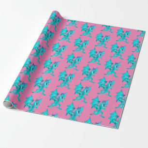 Papel De Presente Dragão Aquático Fantasia em Design Rosa e Azul