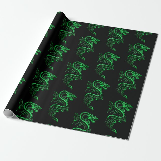 Papel De Presente Dragão Asiático Verde (Desenrolado)