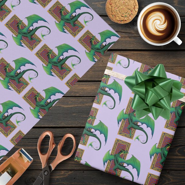 Papel De Presente Dragão Celta Verde Trabalho de Nó Fantasia Roxa (Criador carregado)