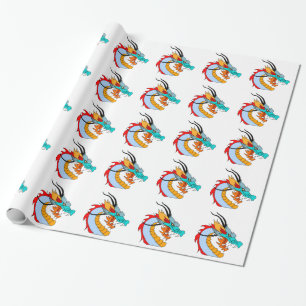 Papel De Presente Dragão chinês azul, amarelo, vermelho, alaranjad