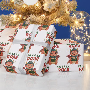 Papel De Presente Dragão de Aquarela Coral Fa La La Rugido Natal