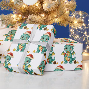 Papel De Presente Dragão de Bengala Verde Natal Festivo
