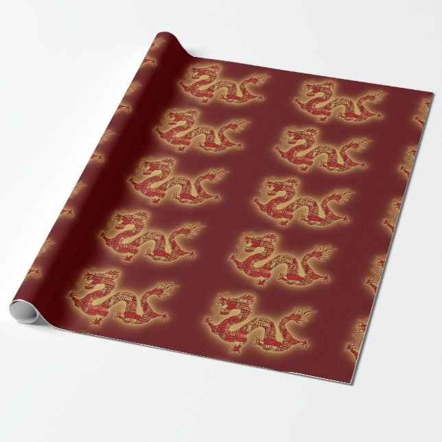 Papel De Presente Dragão do Festival Chinês Vermelho (Desenrolado)