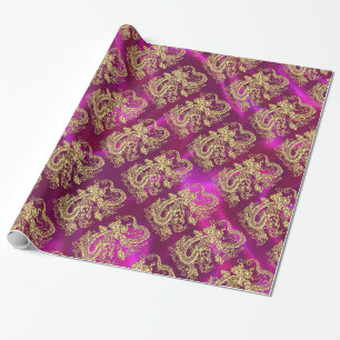 Papel De Presente Dragão Dourado magenta Satin Impressão