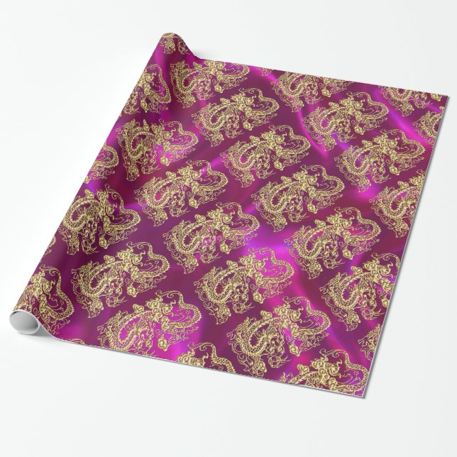 Papel De Presente Dragão Dourado magenta Satin Impressão (Desenrolado)