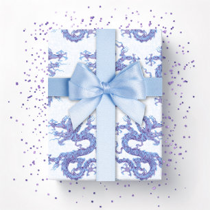 Papel De Presente Dragão Giratório em Azul e Roxo