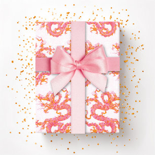 Papel De Presente Dragão Giratório em Rosa e Laranja