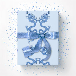 Papel De Presente Dragão Imperial em Porcelana Azul