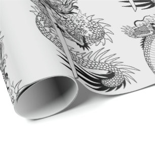 Papel De Presente Dragão japonês com papel embrulhado em espadas de