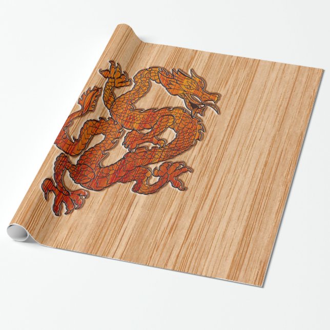 Papel De Presente Dragão Oriental Vermelho no estilo Bamboo (Desenrolado)