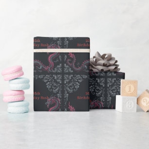 Papel De Presente Dragão Preto Caprichoso em Damask Vermelho Festa d