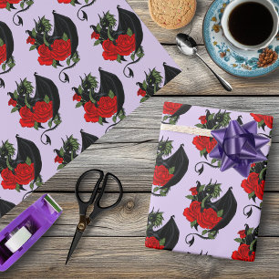 Papel De Presente Dragão Preto Místico Rosas Vermelhas Lavanda Gótic