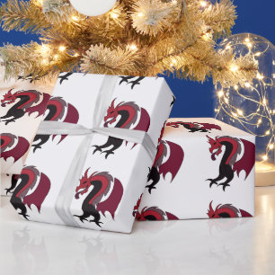 Papel De Presente Dragão Preto Vermelho Criatura Mítica