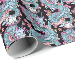 Papel De Presente Dragão Tatuagem Arte a Rosa e Pêssego Melba