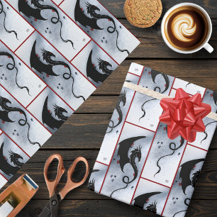 Papel De Presente Dragão Tribal Preto Ousado Flores Vermelhas Azuis