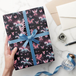Papel De Presente Dragão Unicórnio Rosa Mistura