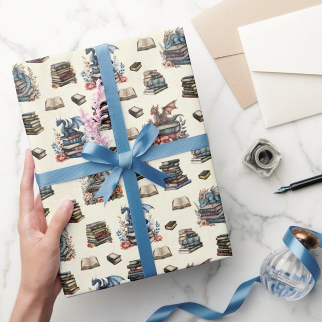 Papel De Presente Dragões Mágicos & Livros em Amarelo Claro (Presentear)