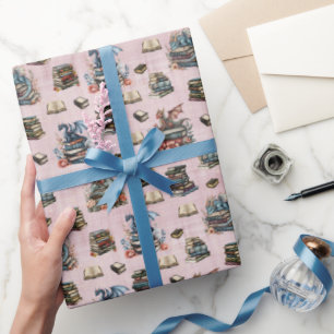 Papel De Presente Dragões Mágicos & Livros em Cinza Claro-Rosa