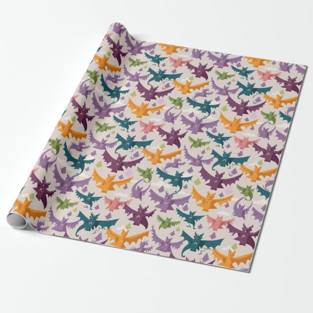 Papel De Presente Dragões Voadores e Nuvens  (Desenrolado)
