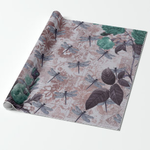 Papel De Presente Dragonfly e Purple Floral Newsprint
