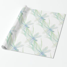 Papel De Presente Dragonfly em Blues Suaves e Arte Verde
