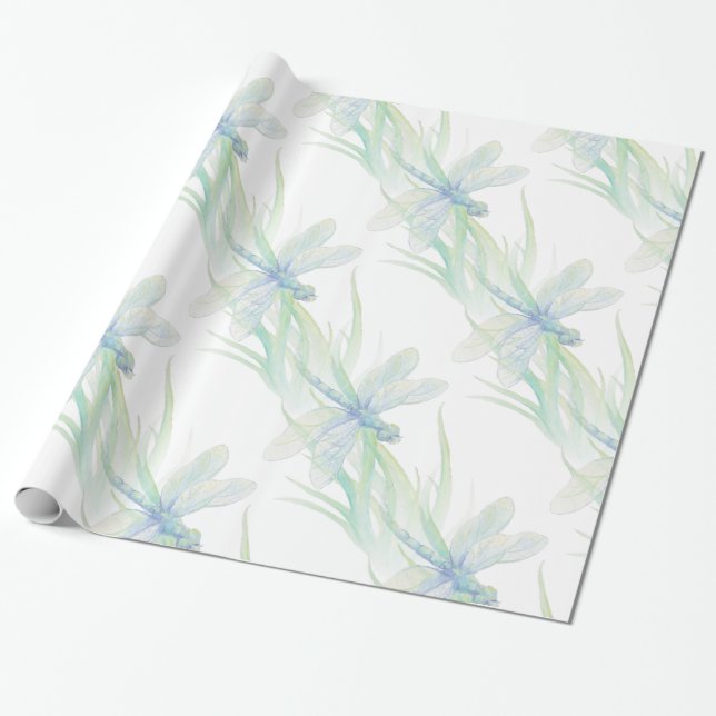 Papel De Presente Dragonfly em Blues Suaves e Arte Verde (Desenrolado)