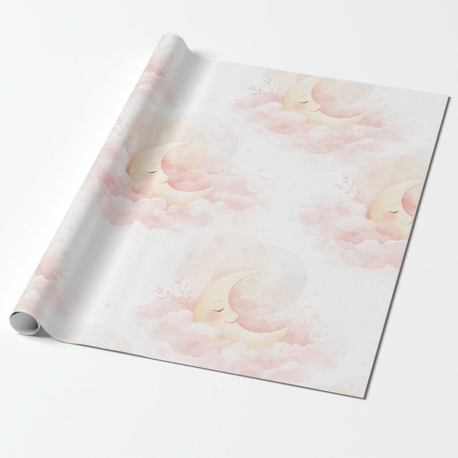Papel De Presente Dreamy Pink Moon Baby Shower Wrapping Paper, Cute  (Desenrolado)