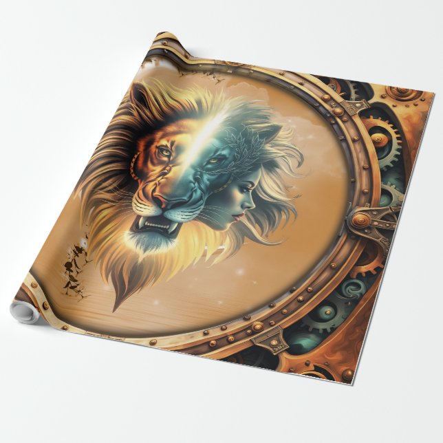 Papel De Presente Dualidade de Força, Leão e Mulher. (Desenrolado)