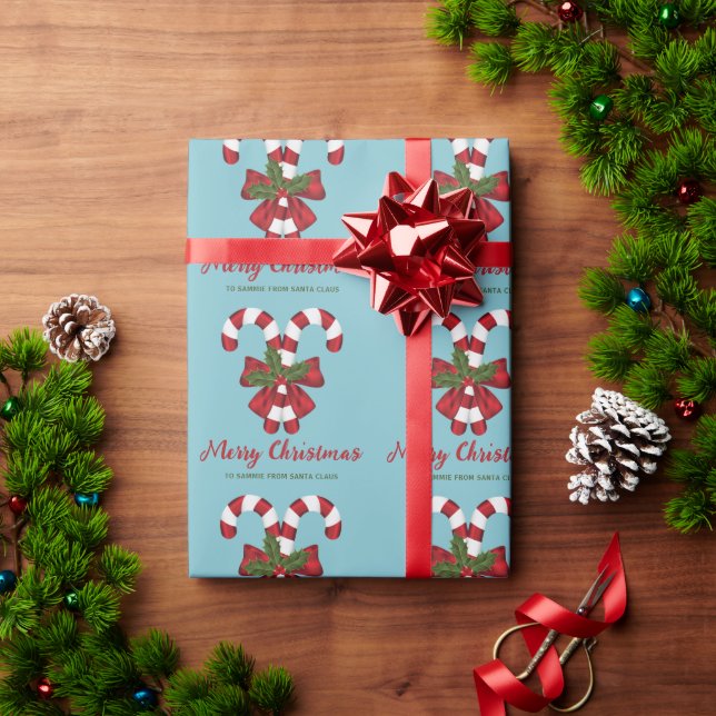 Papel De Presente Duas Balas de Natal Vermelhas e Brancas em Azul co (Presente de Natal)