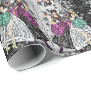 Papel De Presente Duas Damas em Vestidos Modernos Pretos e Brancos