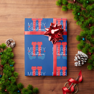 Papel De Presente Duende de Natal Vermelho Azul Script Floco de Neve