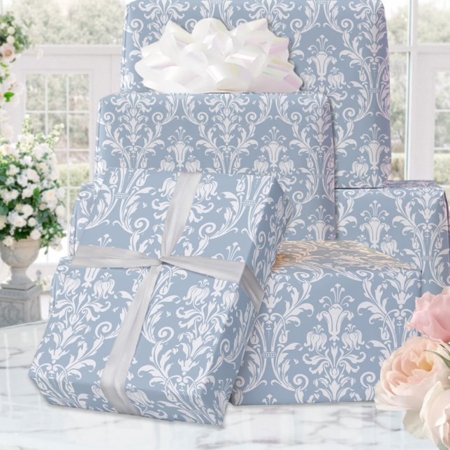 Papel De Presente Dusty Blue Damask Elegant Weding (Criador carregado)